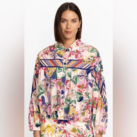 Johnny Was Bee Active Ruched Floral Stripe Button-Up Jacket - Picture 1 of 9